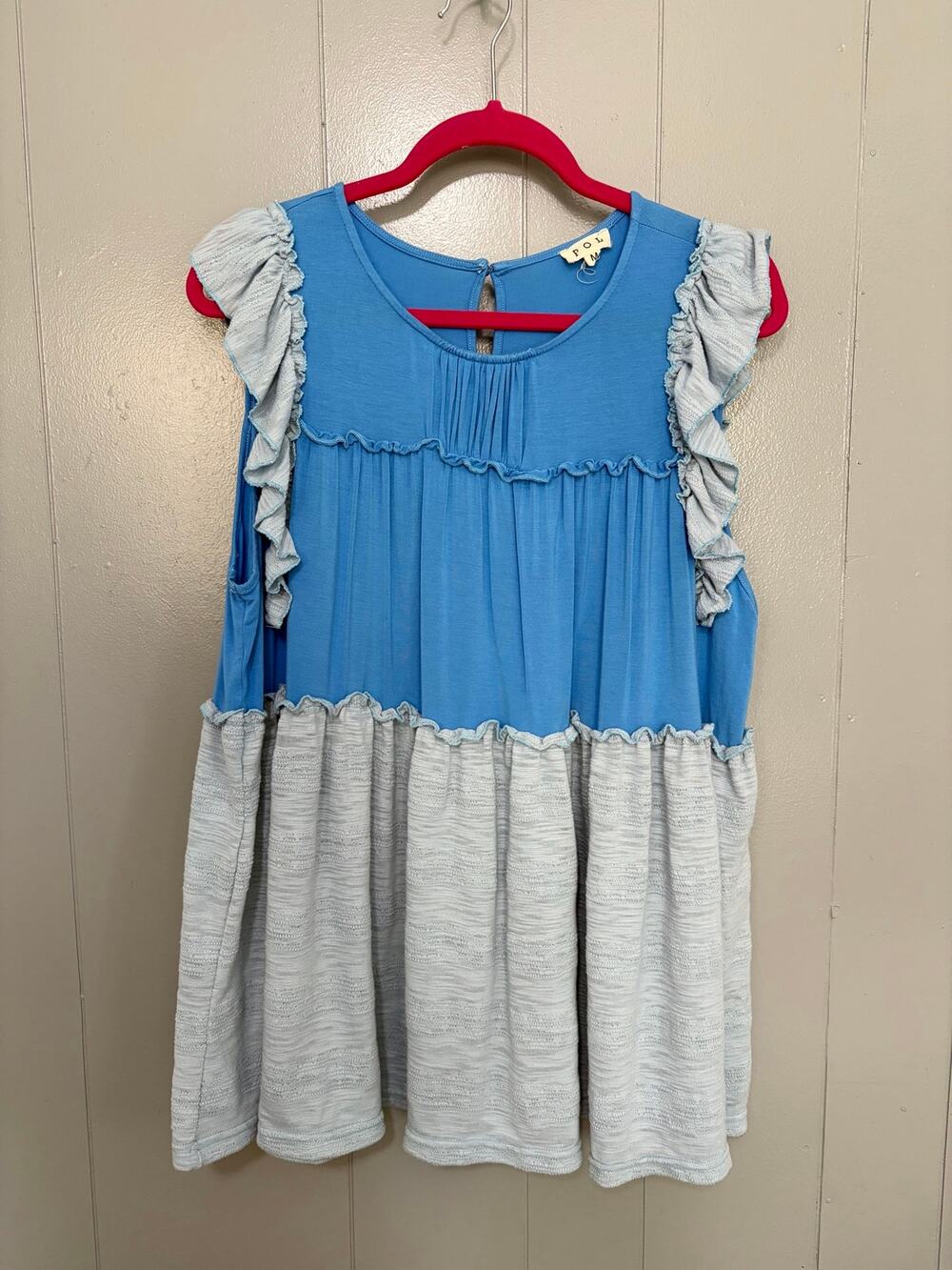 POL Blue Mixed Media Tiered Ruffle Sleeveless Oversized Boho Tunic Top M